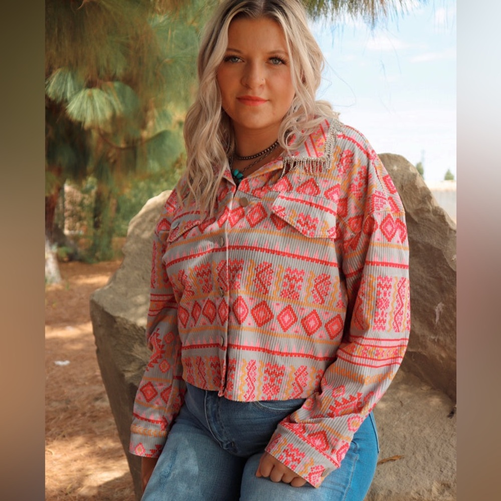 Savannah Jane Pink Orange Grey Southwest Print Rhinestone Trim Jacket NWT XL - Picture 2 of 10